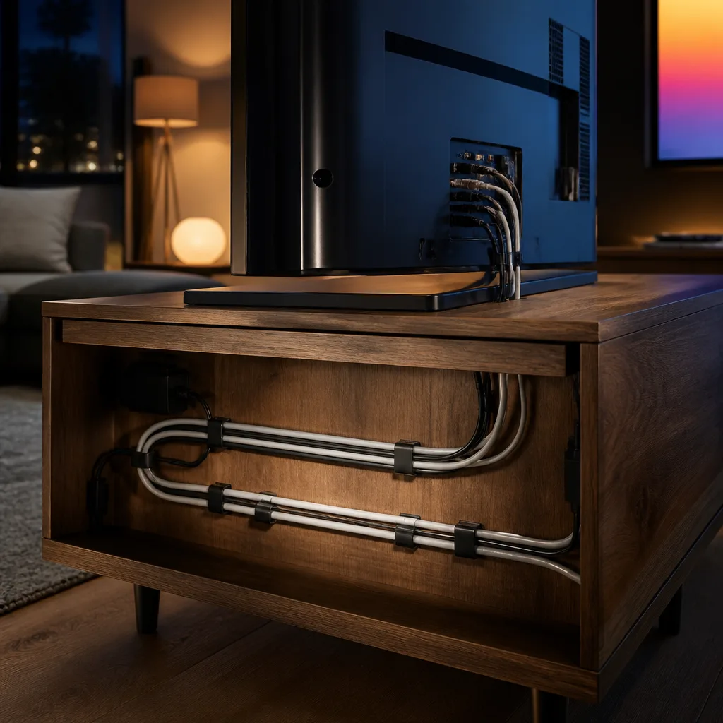 Bundle of cables neatly organised with clips behind a TV stand