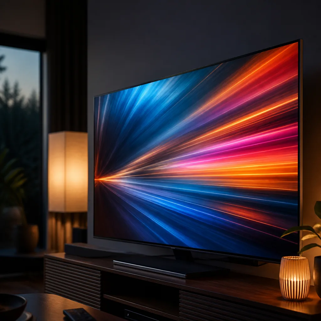 Close-up of a television screen showing a fast moving abstract colourful pattern to illustrate motion
