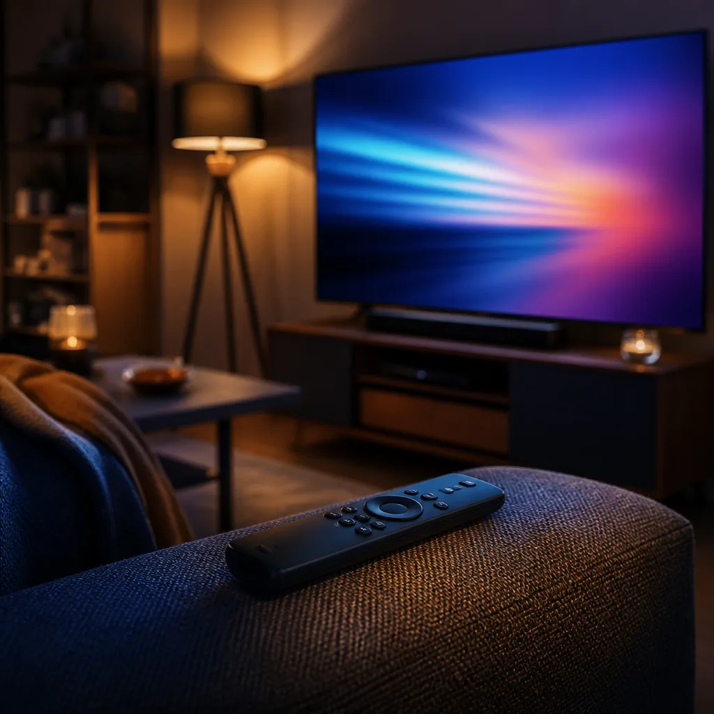 Television remote control resting on a sofa arm with the television visible in the background
