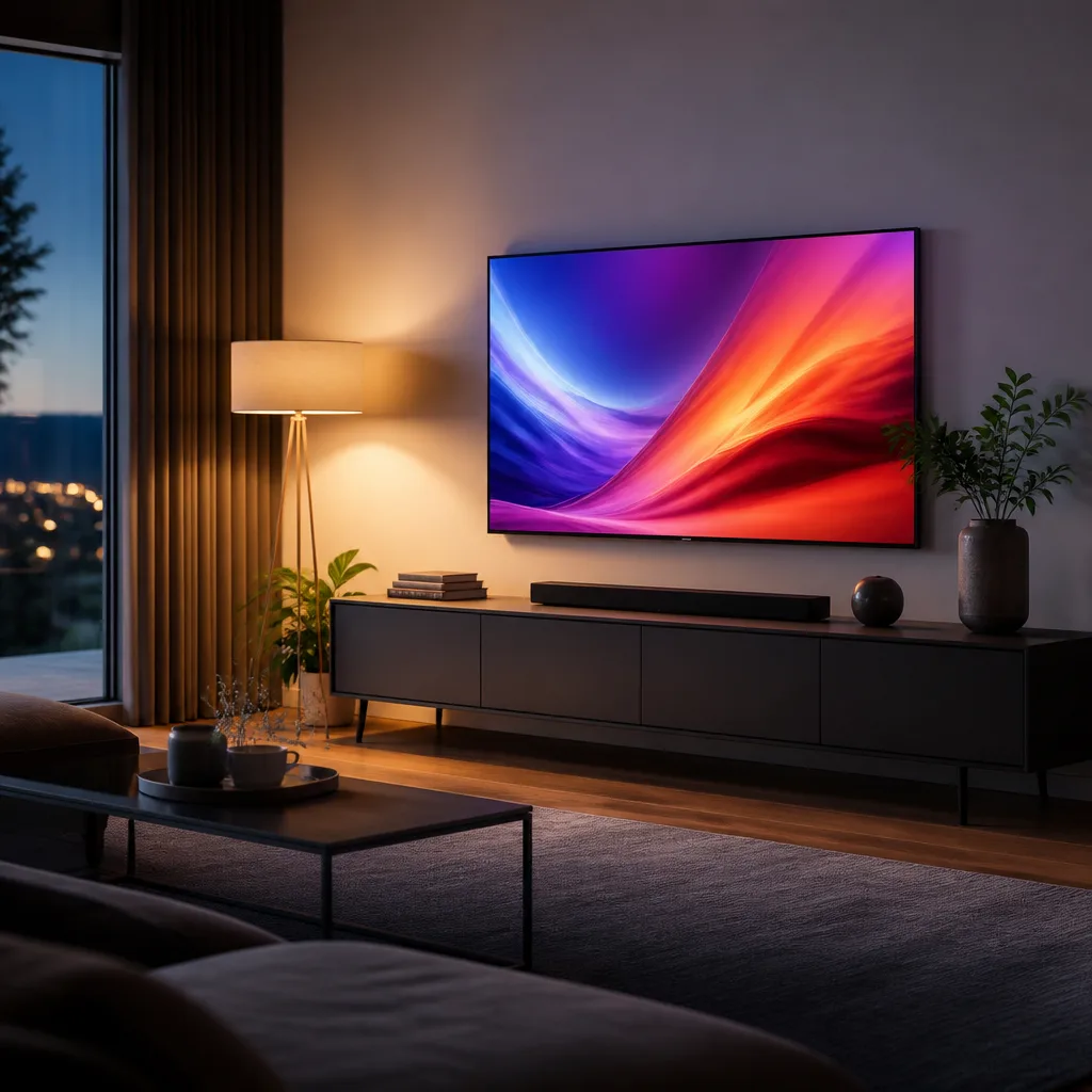 living room with a TV wall mounted low above a slim console, screen showing an abstract colourful image