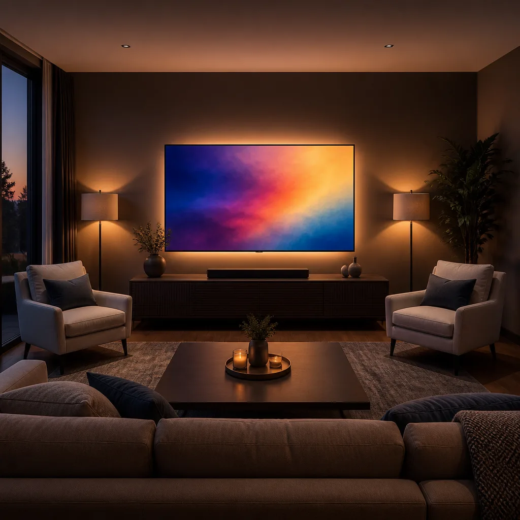 living room with sofa and two armchairs arranged symmetrically facing a central wall mounted TV showing an abstract colourful image
