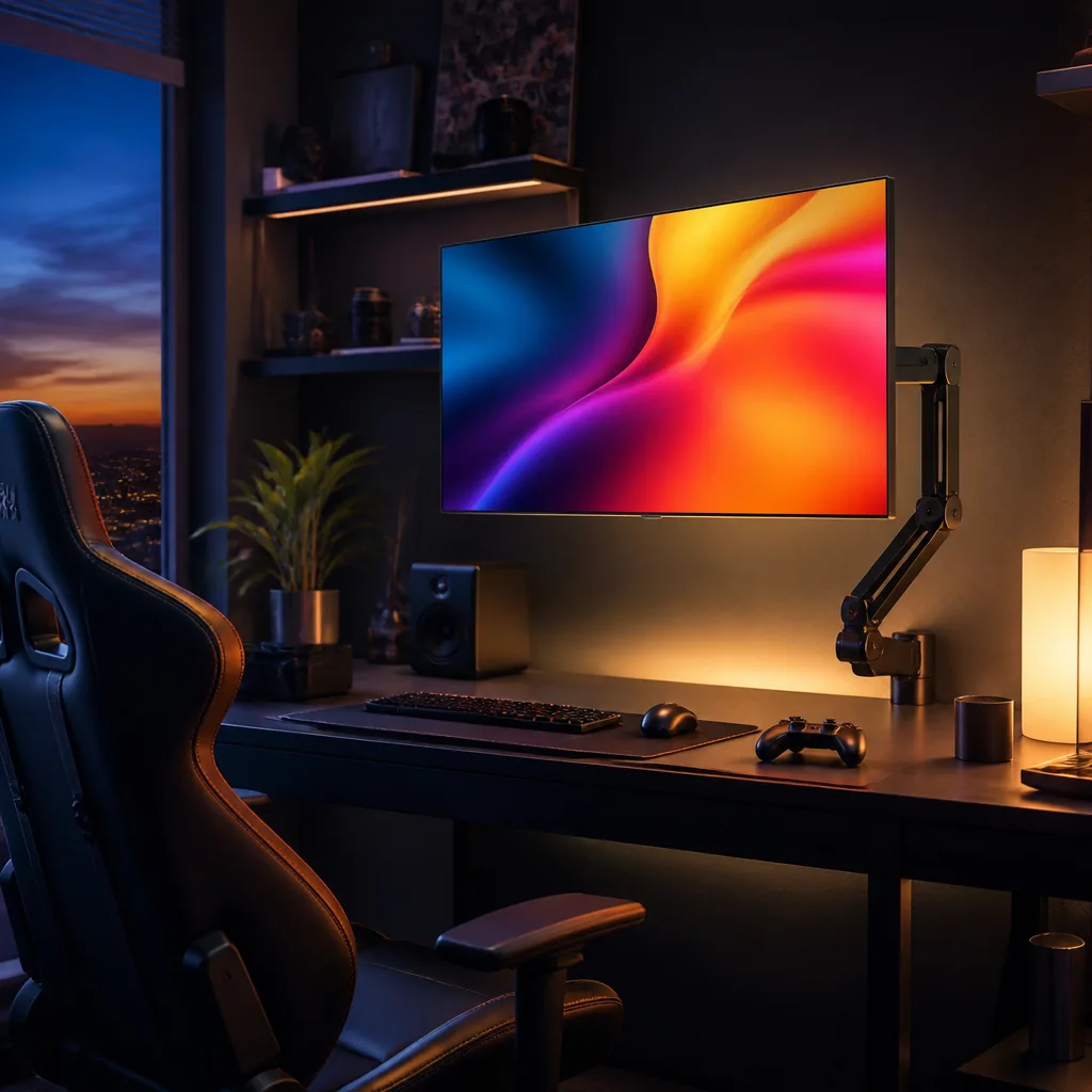 gaming desk corner with a TV mounted on a monitor arm close to a gaming chair, screen showing an abstract colourful image