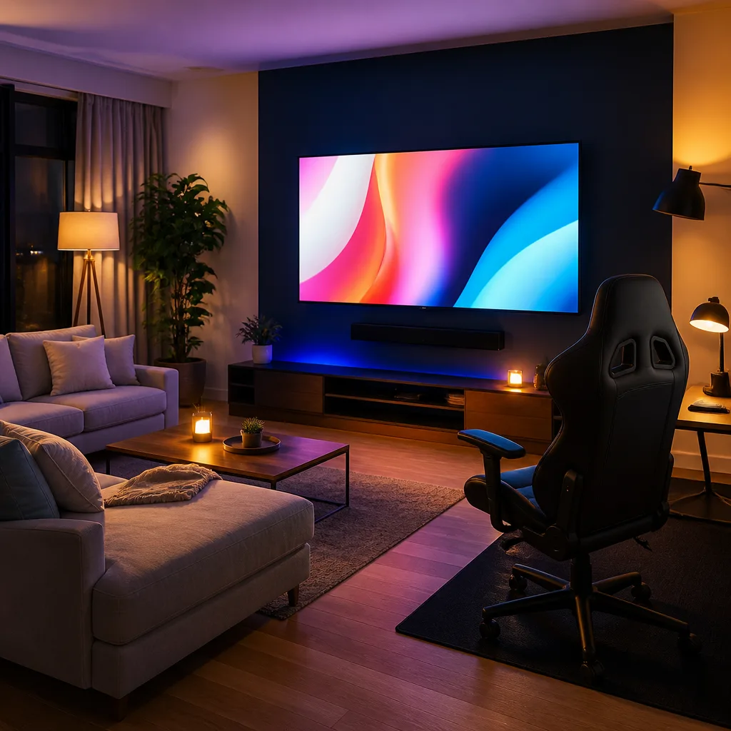living room divided into a casual sofa area and a separate gaming chair zone, both facing the same wall mounted TV showing an abstract colourful image