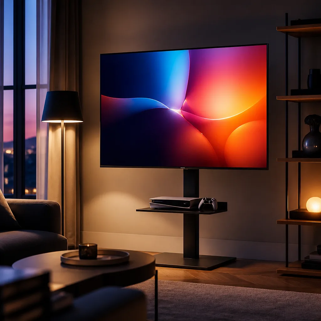 living room with a shelf holding a game console under a TV on a height adjustable mount, screen showing an abstract colourful image