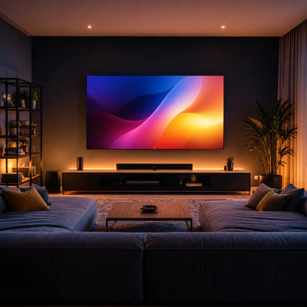 living room with a wide sofa facing a large wall mounted TV, screen showing an abstract colourful image
