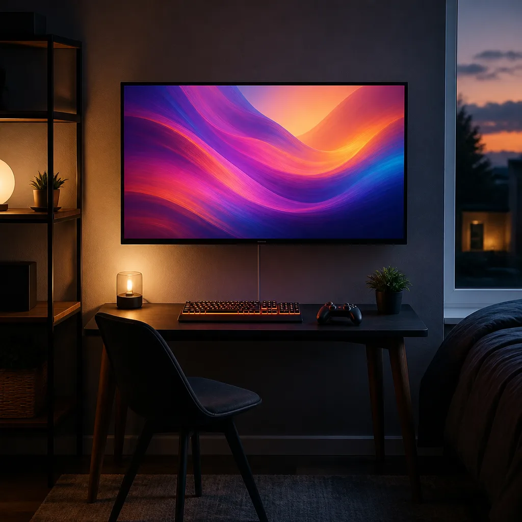 small desk in a bedroom with a TV mounted just above it, gaming keyboard and controller on the desk, screen showing an abstract colourful image