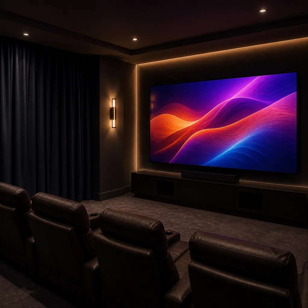 small dark room set up as a home cinema with a large TV, blackout curtains and cinema style seating, screen showing an abstract colourful image