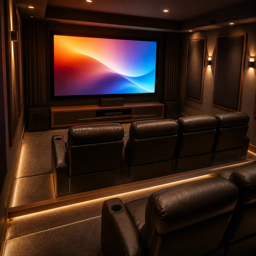 home cinema room with two rows of seating on a low riser platform facing a large TV, screen showing an abstract colourful image