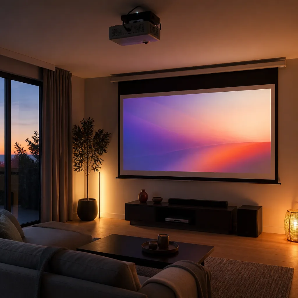 home cinema corner with a pull down projector screen lowered in front of a plain wall, projector visible mounted on the ceiling