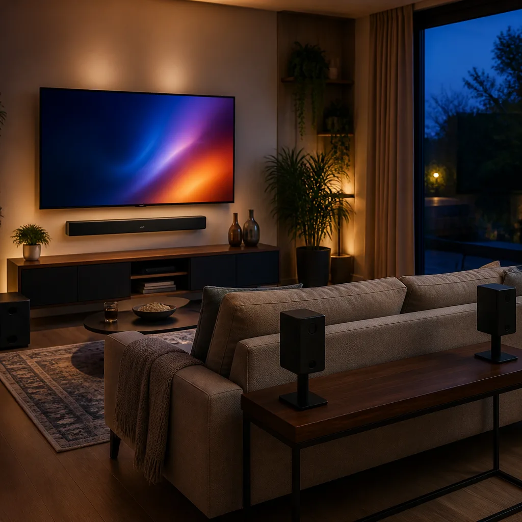 living room set up for cinema viewing with a soundbar under the TV and small rear speakers on stands behind the seating