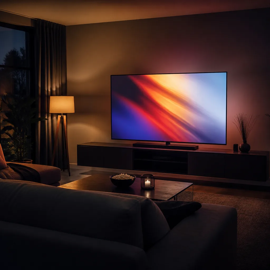 living room prepared for movie night with dimmed lamps and a large TV as the main light source, screen showing an abstract colourful image