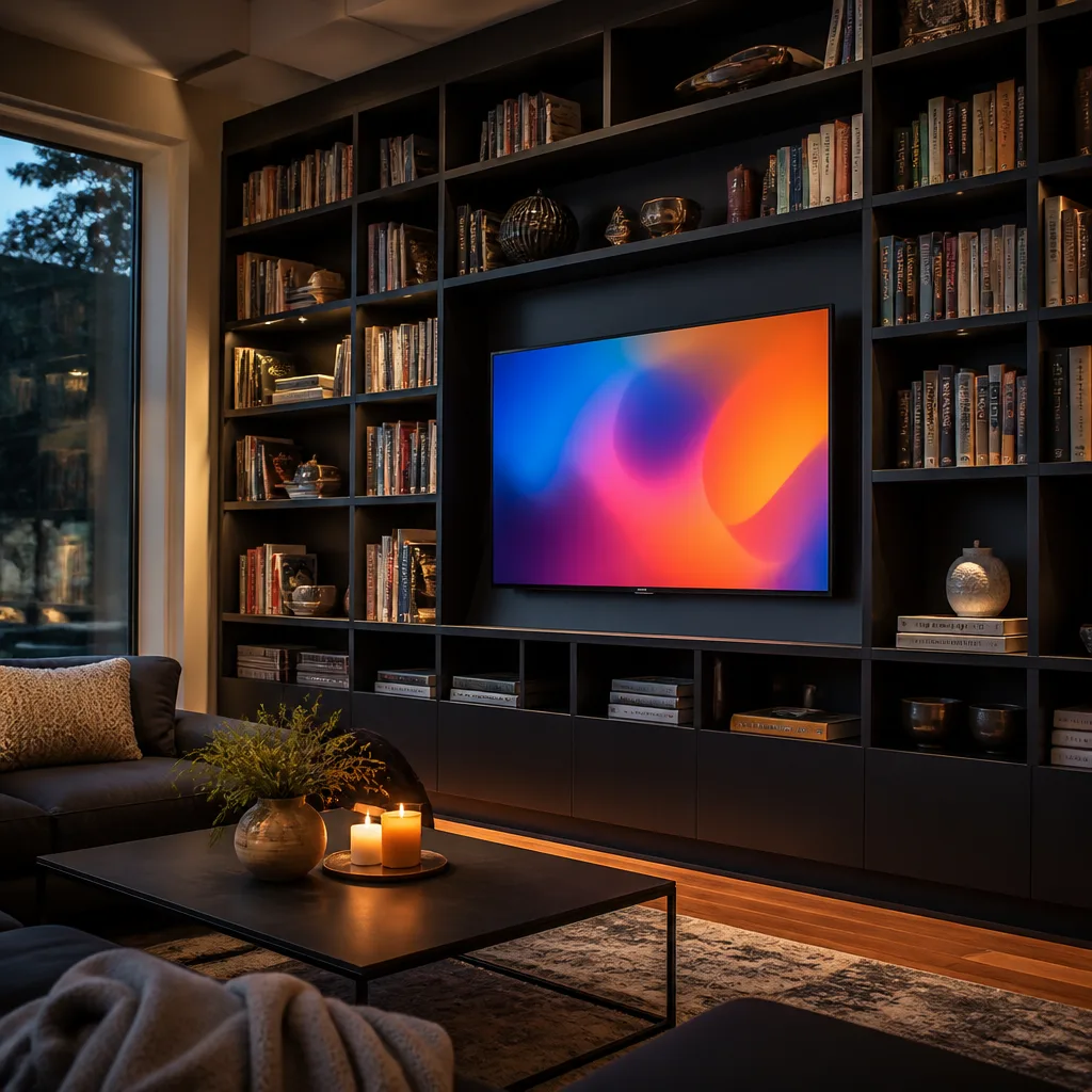 living room with a floor to ceiling bookshelf wall unit with a TV recessed into an open section, screen showing an abstract colourful image