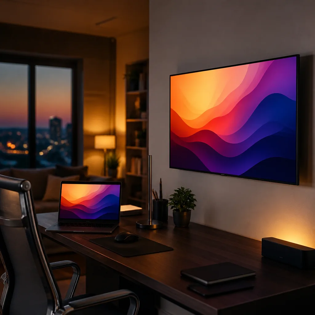 home office desk with a laptop and a TV mounted on the wall beside it acting as a second screen, screen showing an abstract colourful image