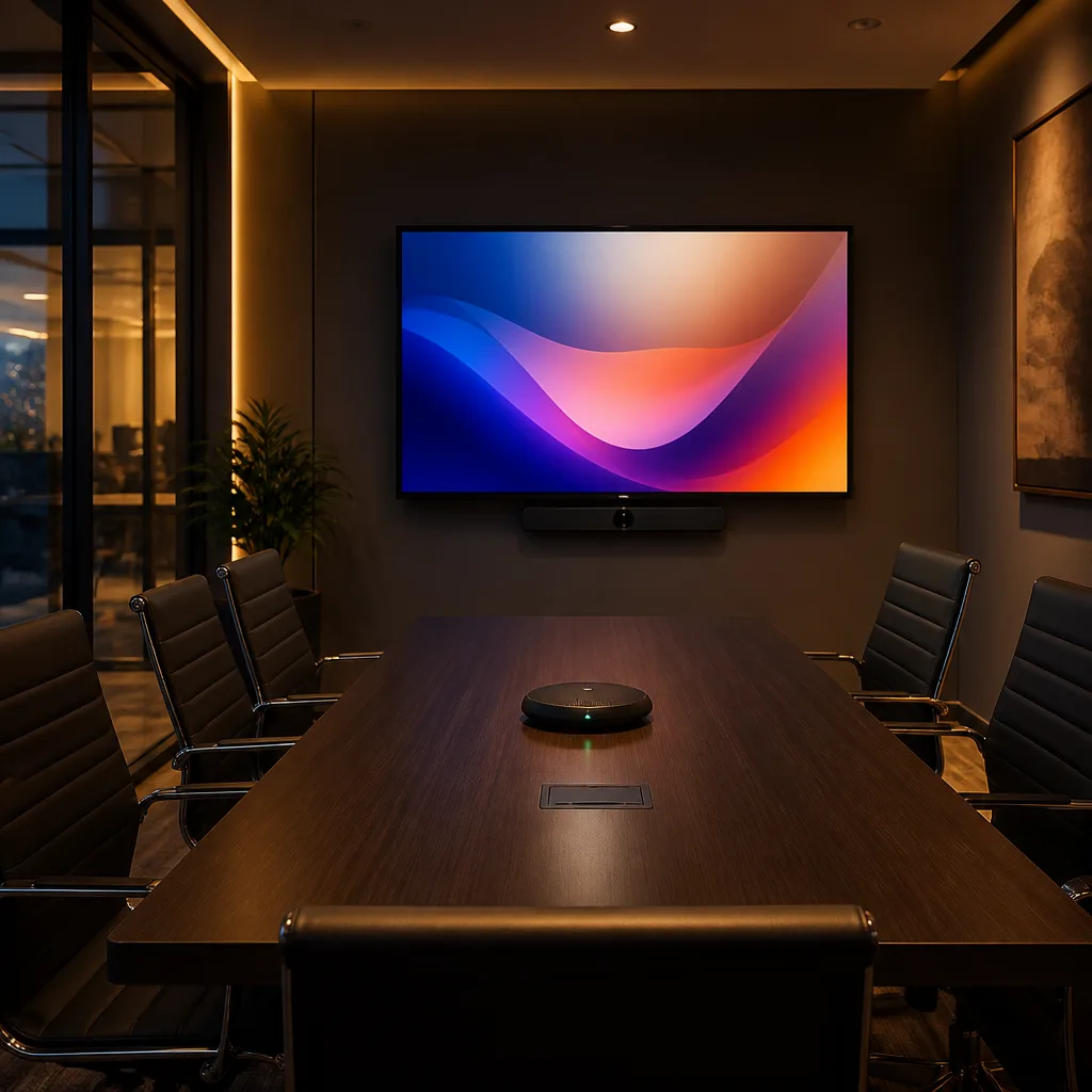 small conference room with a large wall mounted TV for video calls, table and chairs facing it, screen showing an abstract colourful image