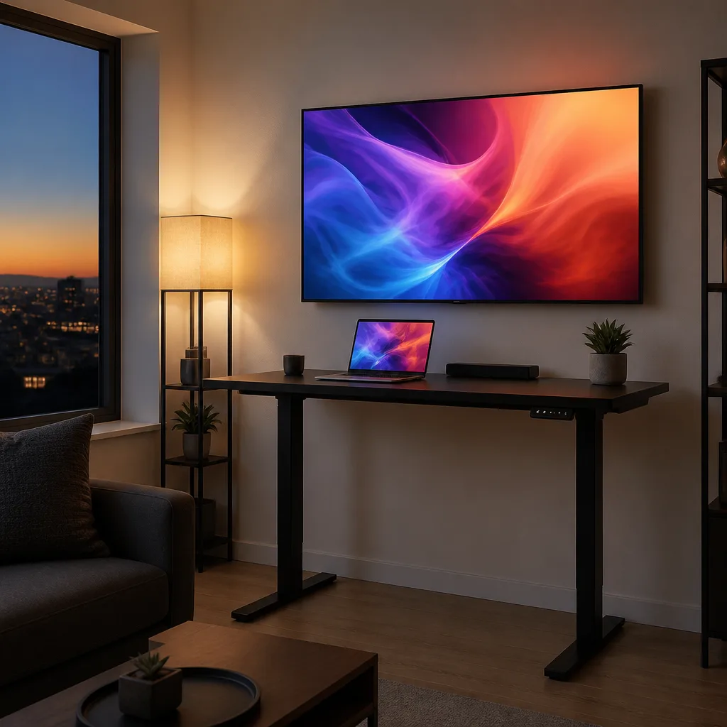 home office with a standing desk facing a wall mounted TV used as a display, screen showing an abstract colourful image