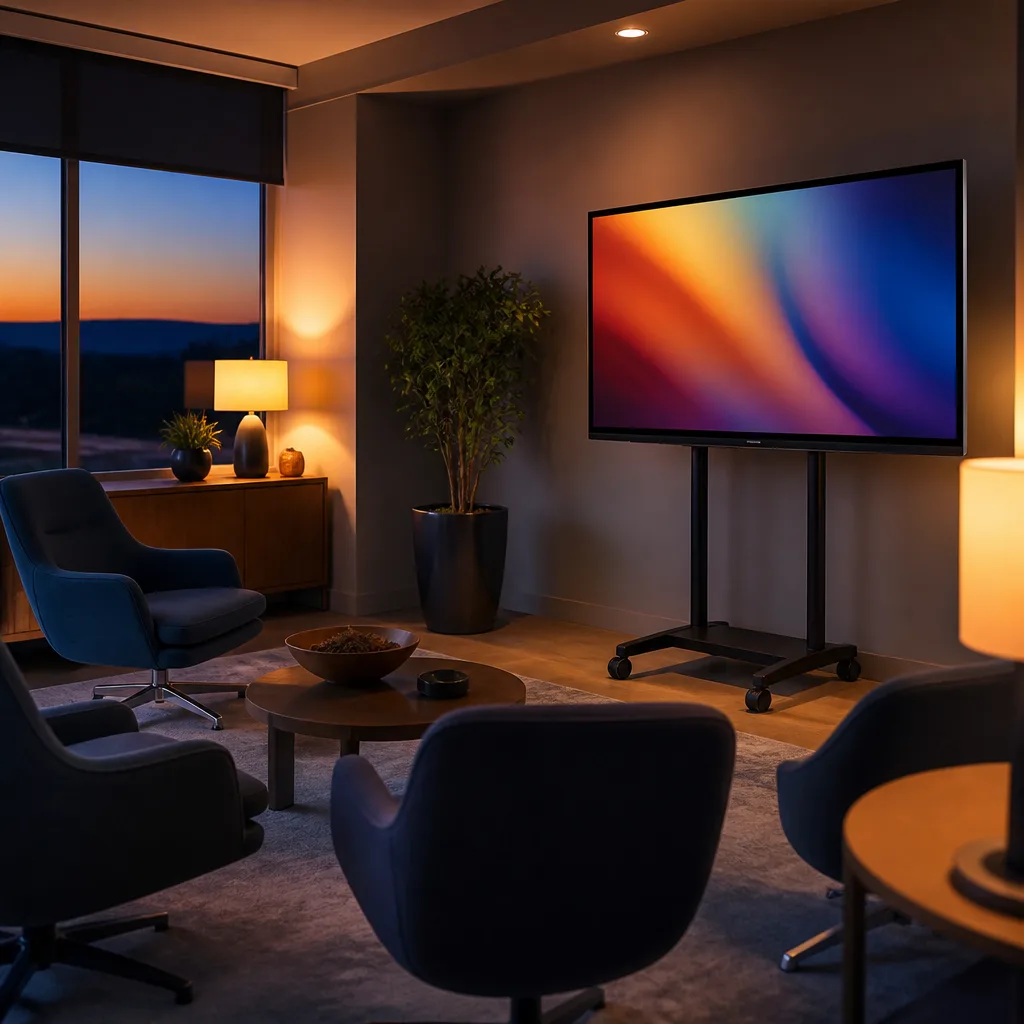 home office corner with a TV on a rolling stand set up for presenting to a small group, screen showing an abstract colourful image