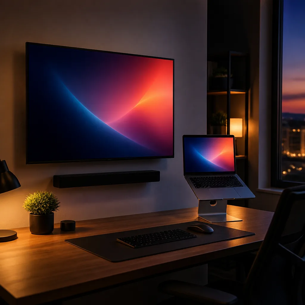 home office desk with a laptop on a stand and a separate wall mounted TV positioned as a second display, screen showing an abstract colourful image