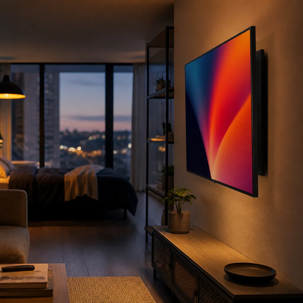 tiny studio apartment with a TV on a slim foldable wall mount that sits flat against the wall, screen showing an abstract colourful image