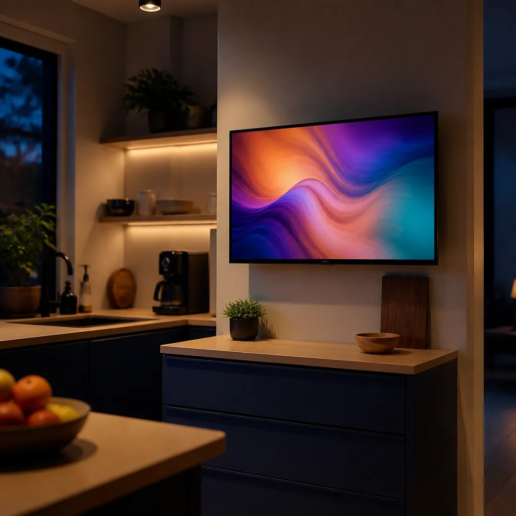 small kitchen with a slim TV mounted on the wall above a compact counter, screen showing an abstract colourful image