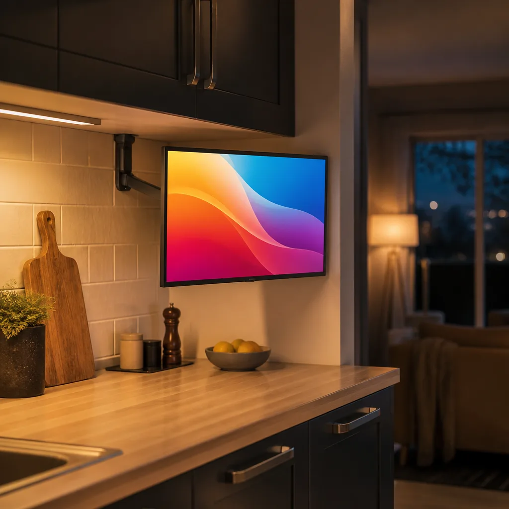 small kitchen with a compact TV mounted under an upper cabinet, screen showing an abstract colourful image
