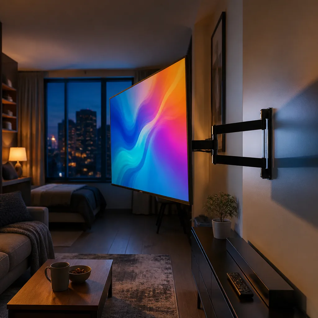 small apartment living space with a TV on a fold out extending wall arm, screen showing an abstract colourful image