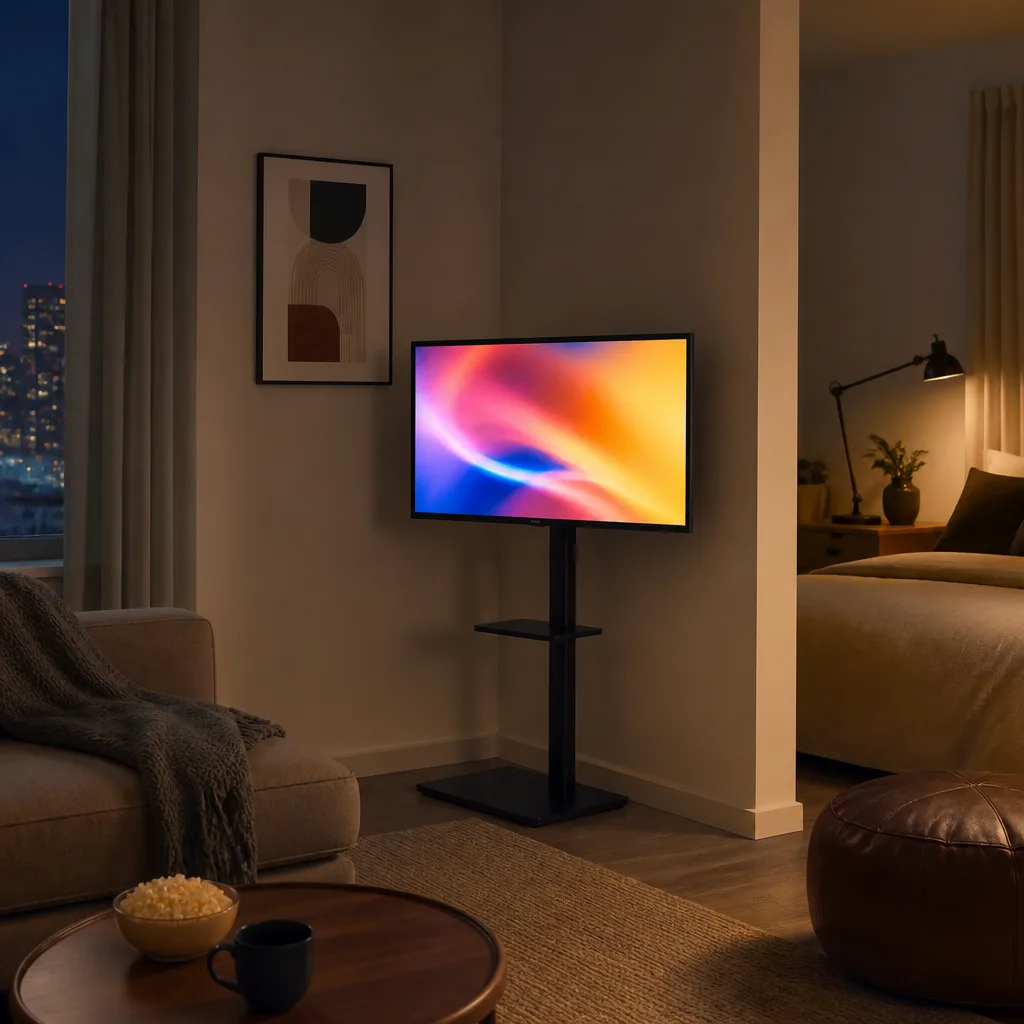 studio apartment corner with a small TV on a narrow floor stand, screen showing an abstract colourful image
