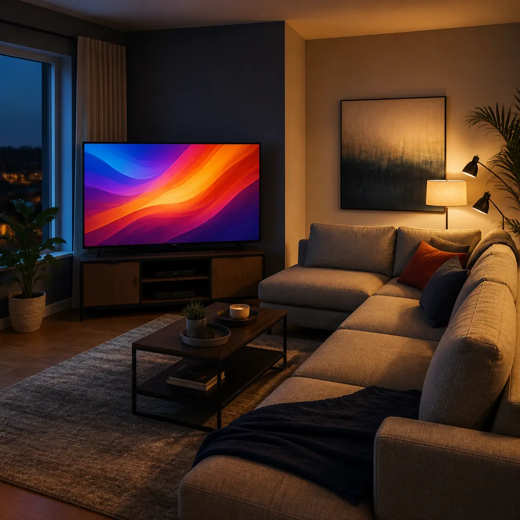 living room with a TV on a corner stand facing an L shaped sofa, screen showing an abstract colourful image