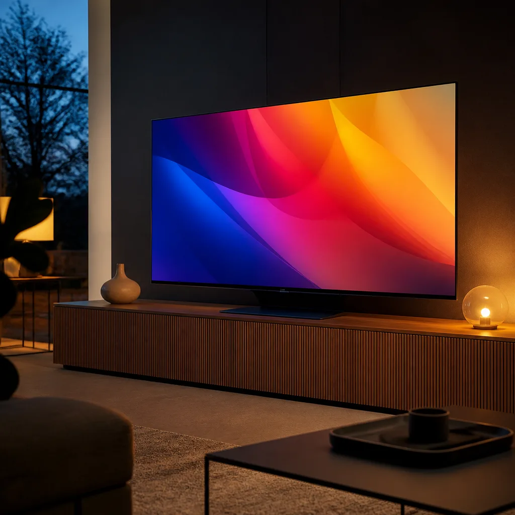 living room with a TV on a media console that has a hidden channel routing cables down to a power outlet, screen showing an abstract colourful image
