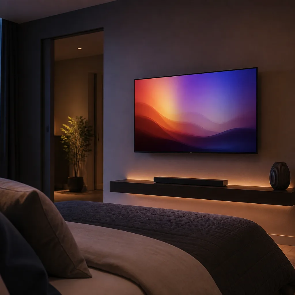 bedroom with a TV wall mounted on the wall opposite the bed, screen showing an abstract colourful image