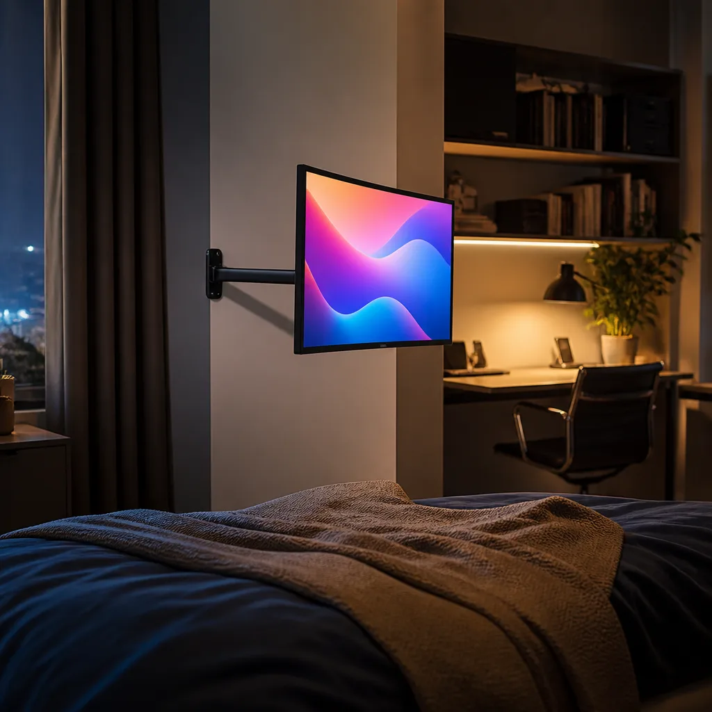 bedroom with a swivel arm TV mount positioned between the bed and a small desk, screen showing an abstract colourful image
