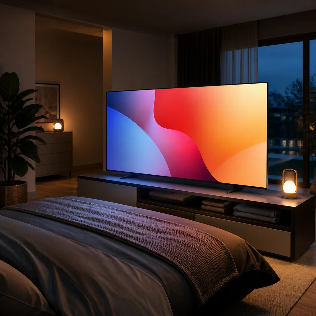 bedroom with a low cabinet at the foot of the bed holding a TV, screen showing an abstract colourful image