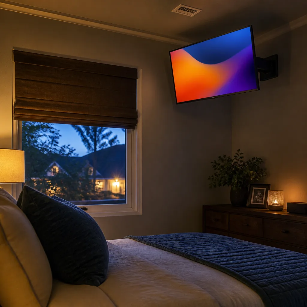 small bedroom with a TV mounted high near the ceiling on an angled bracket, screen showing an abstract colourful image