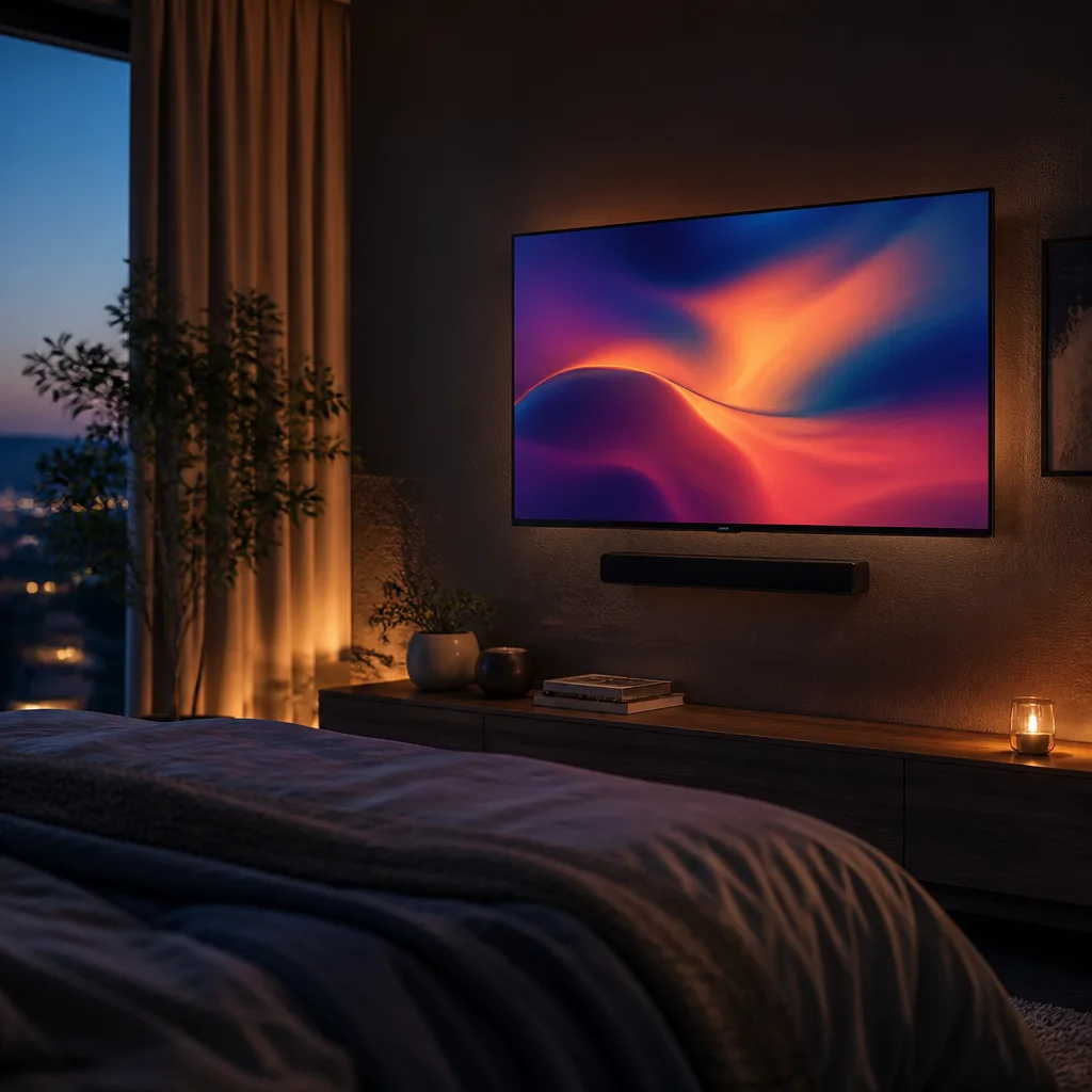 bedroom with a compact soundbar placed under a wall mounted TV, screen showing an abstract colourful image