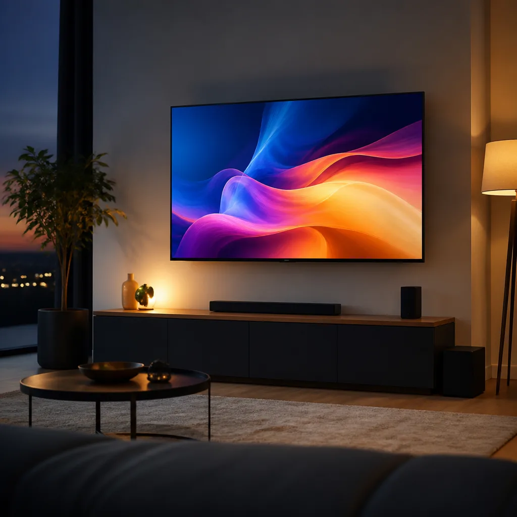 Living room with a TV mounted on the wall above a low cabinet, showing an abstract colourful image