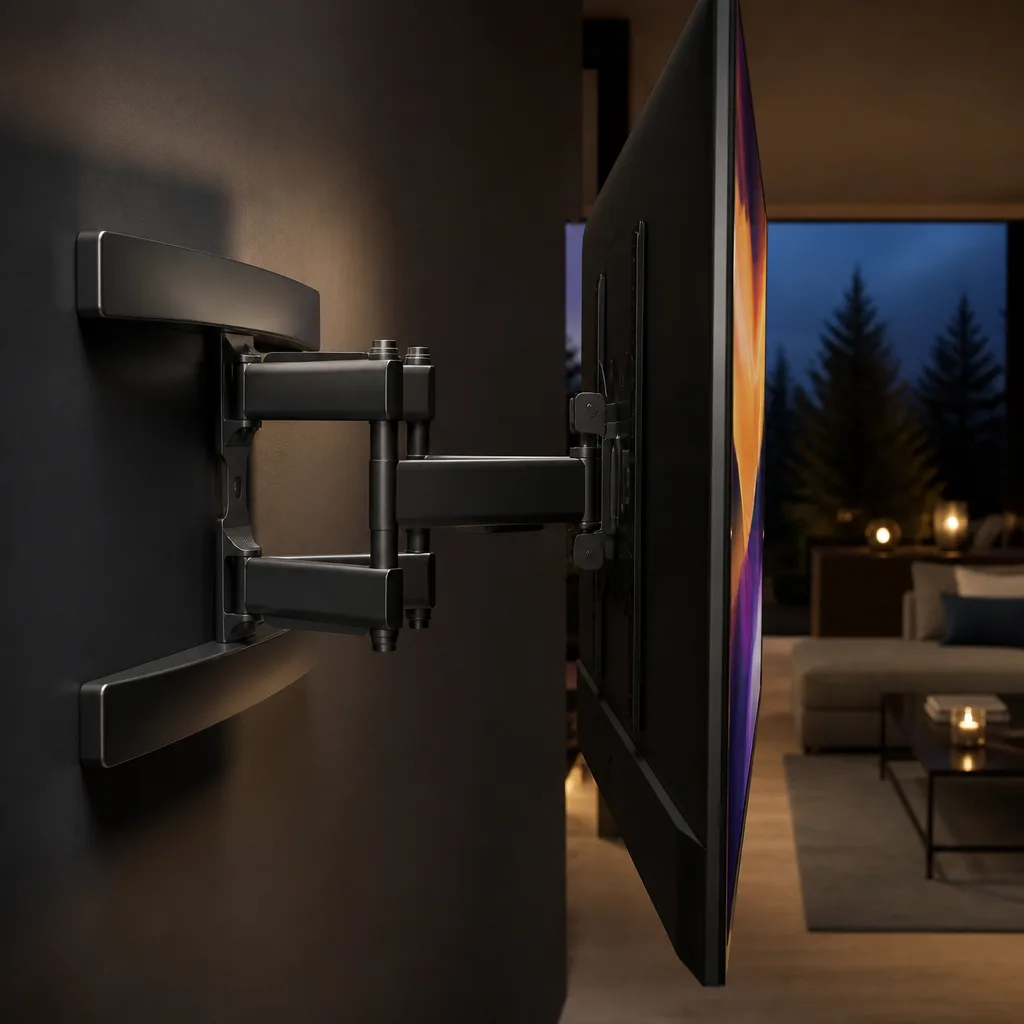 Close up of a full motion TV wall mount bracket extended from the wall