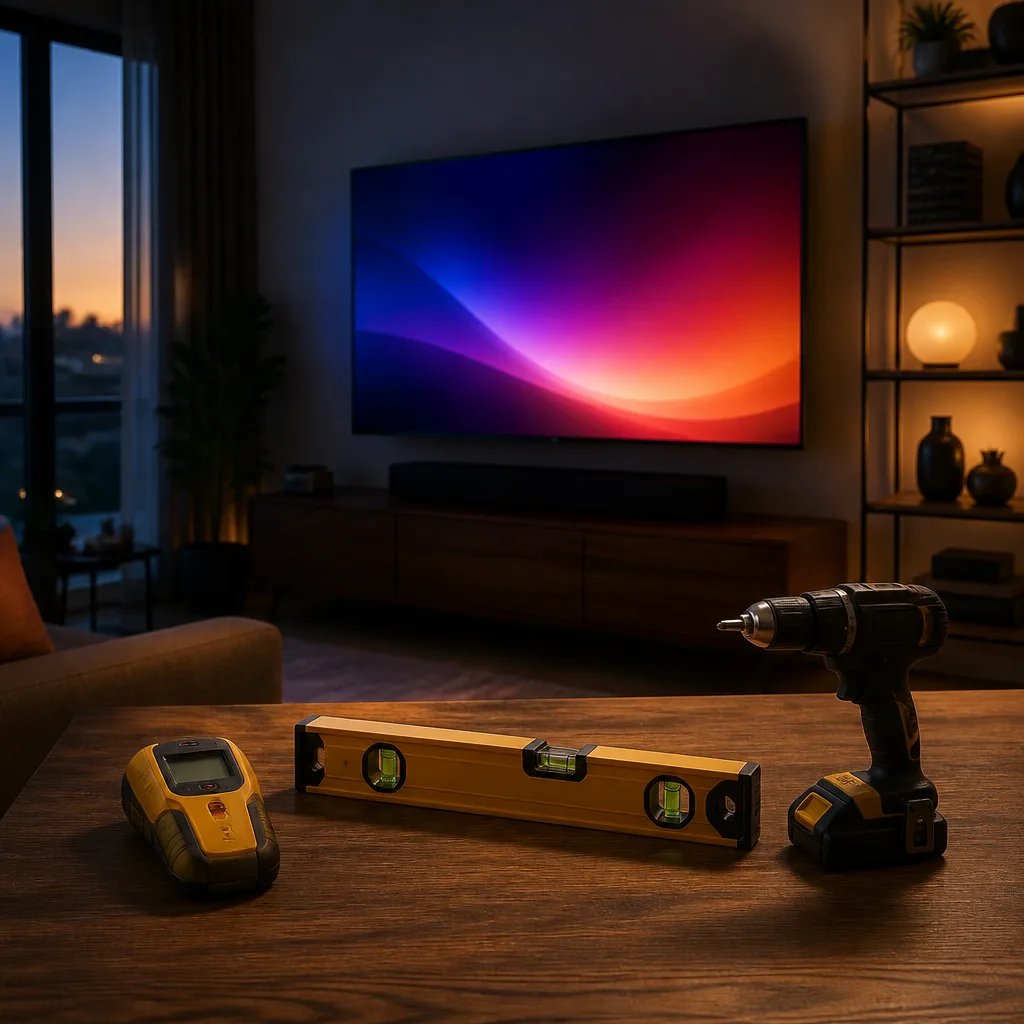 Stud finder, spirit level and drill laid out on a table before mounting a TV