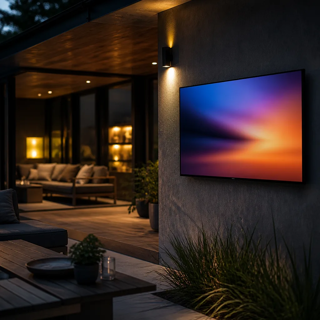 Weatherproof television mounted on an outdoor patio wall near a covered seating area