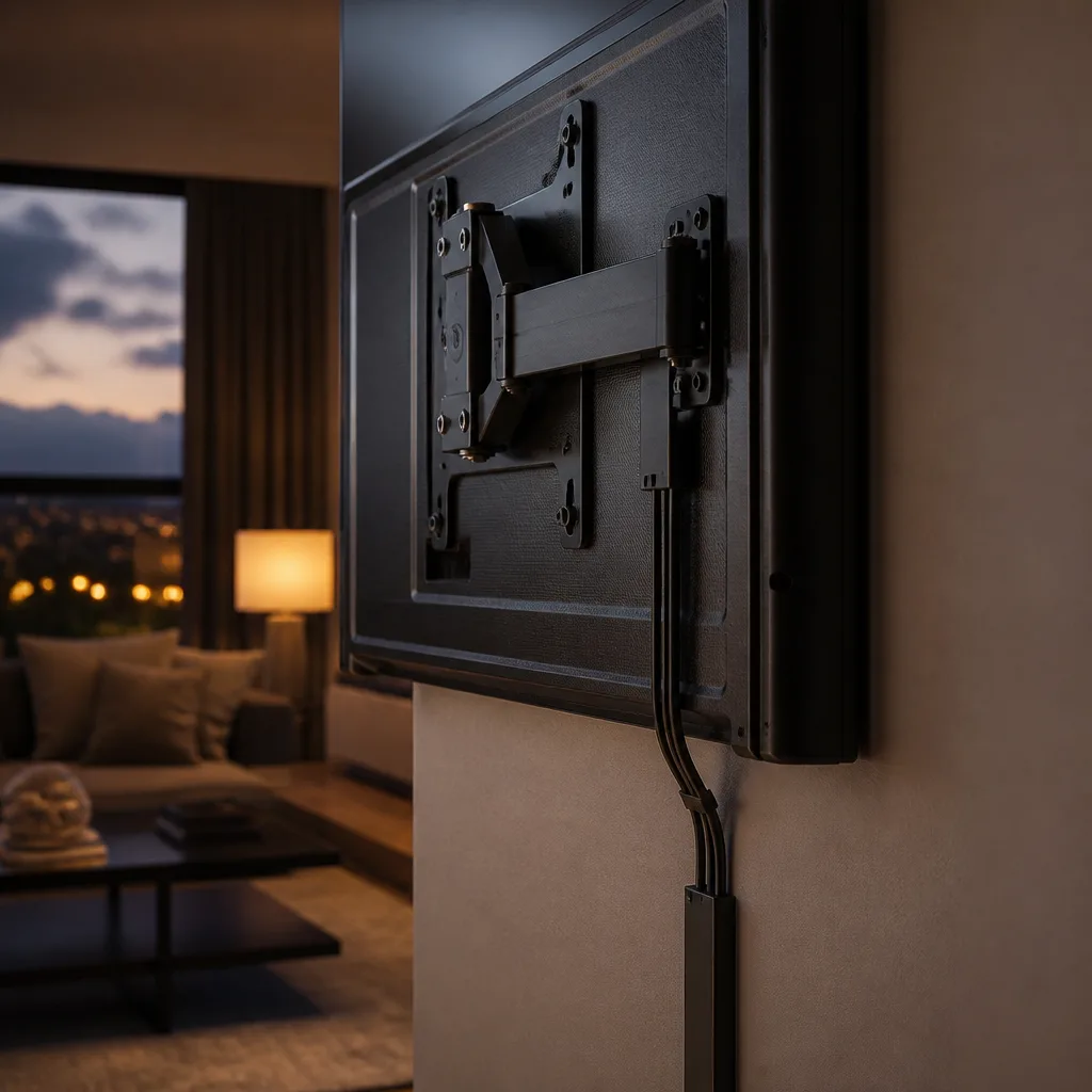 Close-up of a wall mount bracket and cable routing behind a television, showing a clean cable management setup