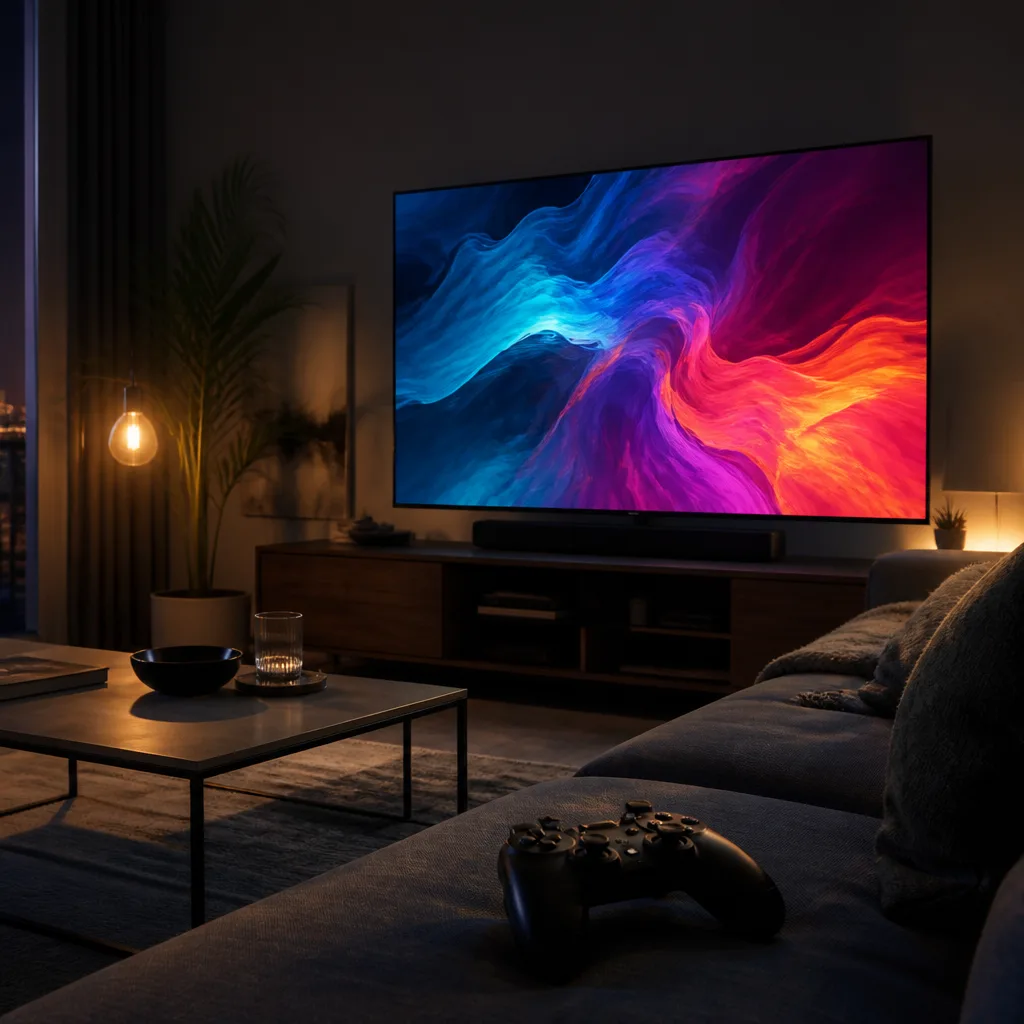 Living room with a TV displaying an abstract colourful image and a game controller on the sofa
