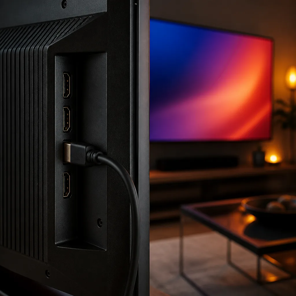 Close up of HDMI ports on the back of a TV with a cable connected