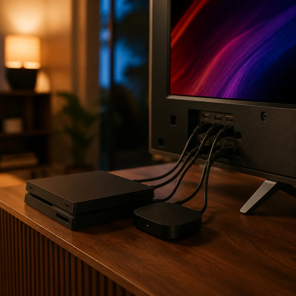 Games console and streaming device connected side by side to a TV with multiple HDMI cables