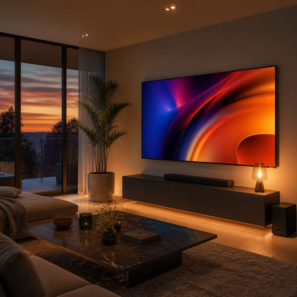 Bright living room with large windows and a wall mounted TV showing an abstract colourful image