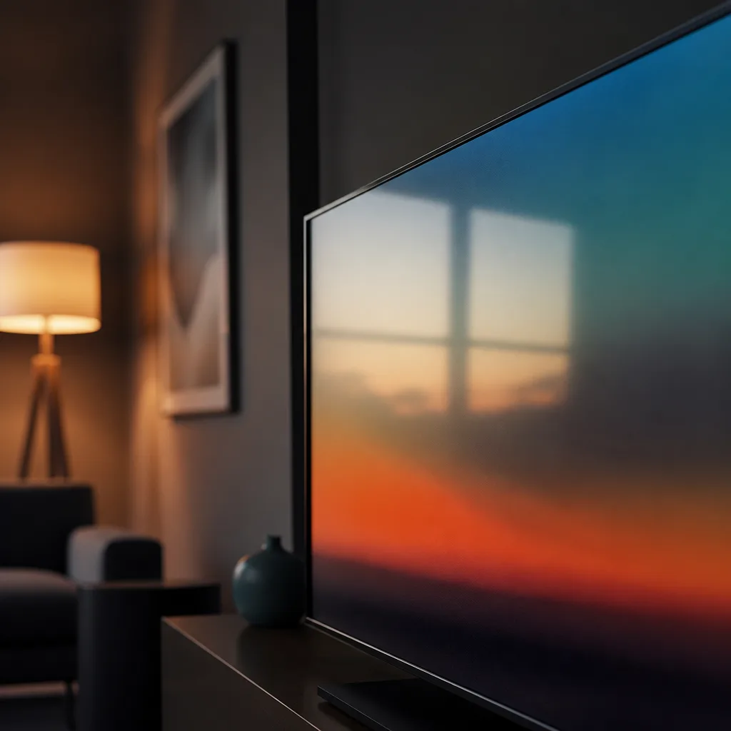 Close up of a TV screen surface showing a soft diffused reflection of a window