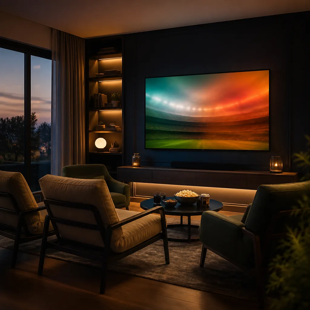 Salón preparado para ver deporte con varias sillas frente a un gran TV montado en la pared