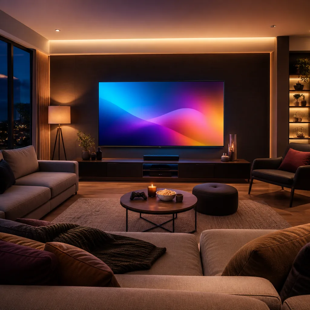 Salón amplio con un sofá y sillas adicionales dispuestas alrededor de un TV para ver deporte en grupo