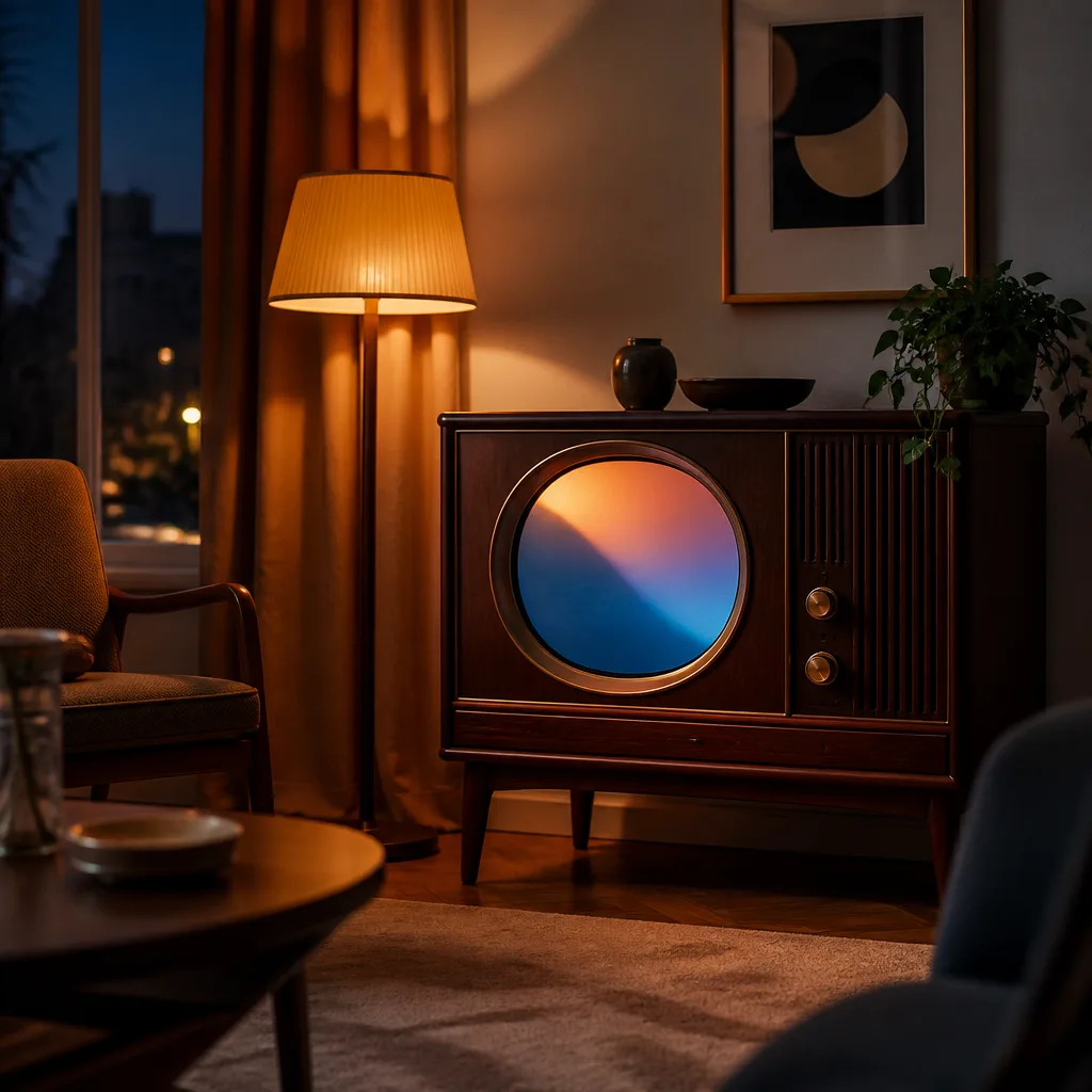 Vintage style television cabinet with a small rounded screen in a period living room setting