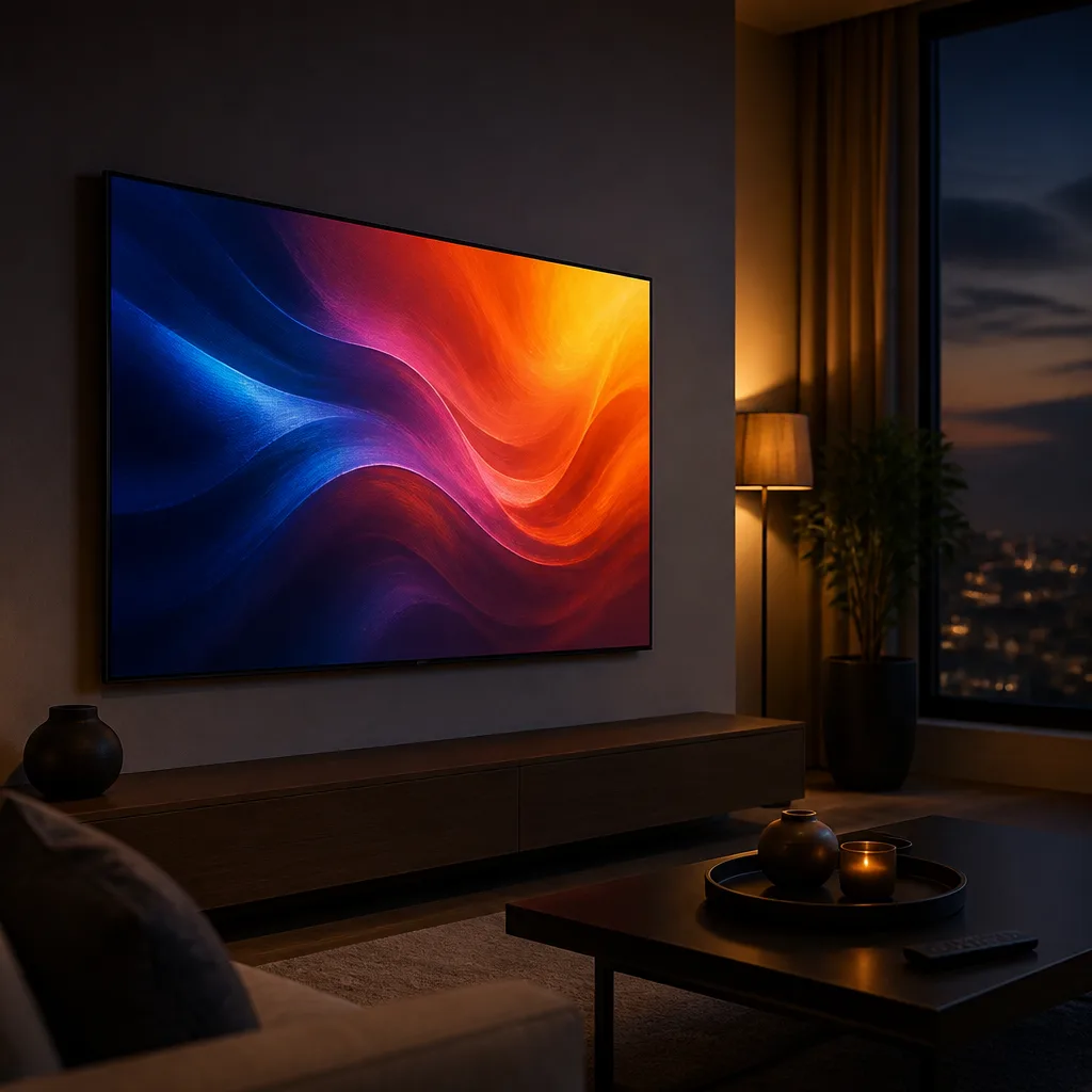Ultra thin modern television mounted flush against a living room wall, screen showing an abstract colourful image