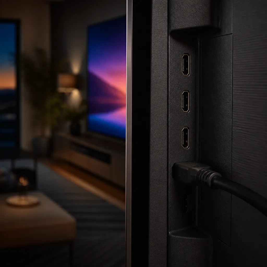 Close-up of HDMI ports on the back of a television with a cable partly plugged in