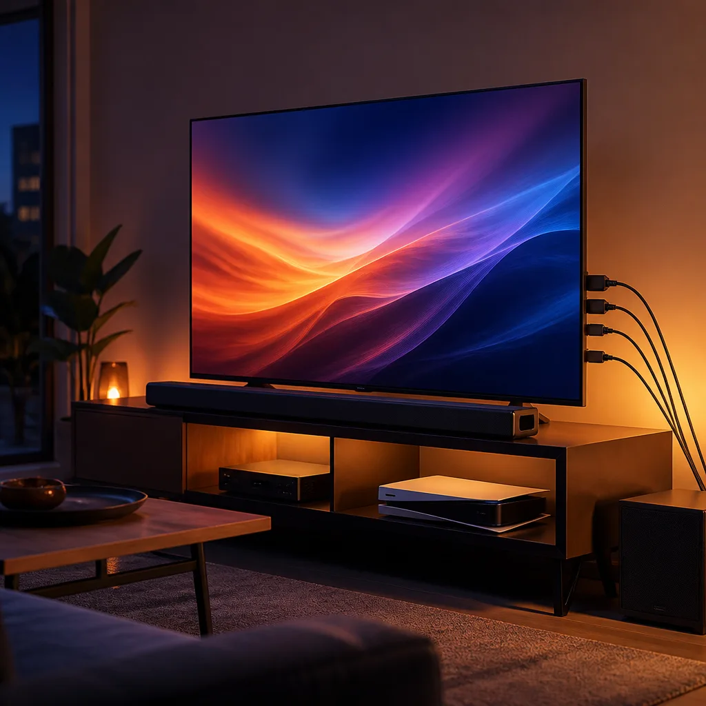 Home entertainment setup showing a television, soundbar and games console connected with visible cables