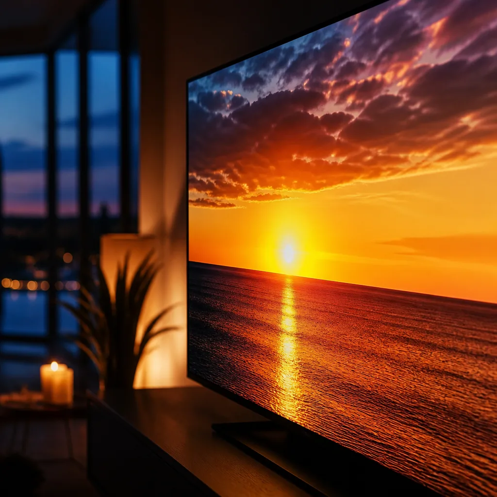 Close-up of a television screen showing a bright sunset scene with strong contrast between light and shadow